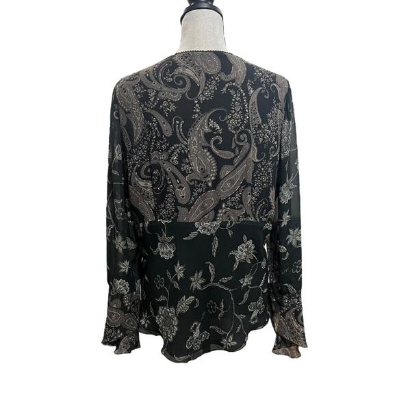 VTG 90s Spenser Jeremy Black & Brown Paisley Patchwork Silk Bell Sleeve Top 14/L - Picture 6 of 8